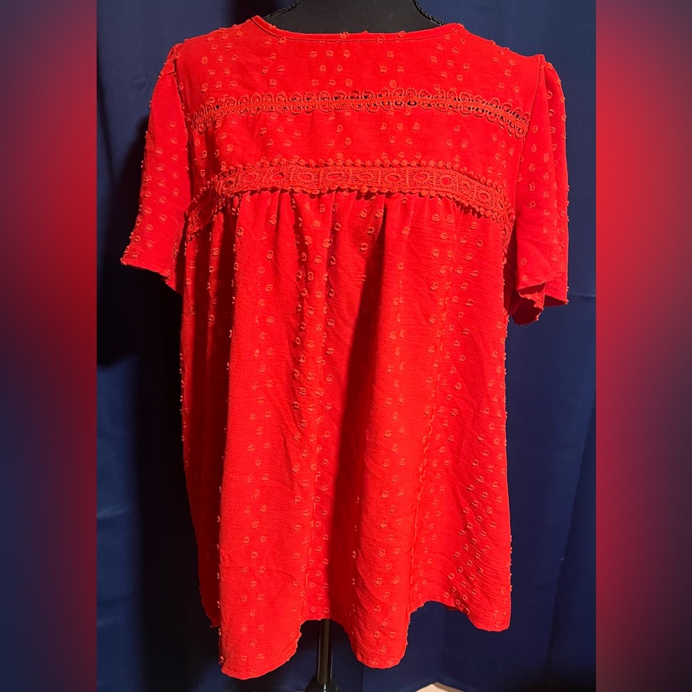 Amazon Elegant Red Tunic With Textured Dots and Lace Detail on Chest